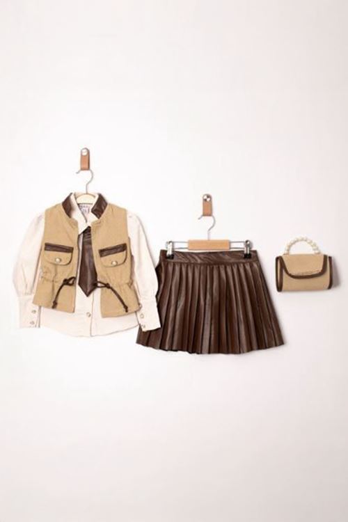 Miniğimin Cicileri İnci Çantalı Deri Etekli Kravat Detaylı Kız Çocuk 4 lü Takım - Kahve