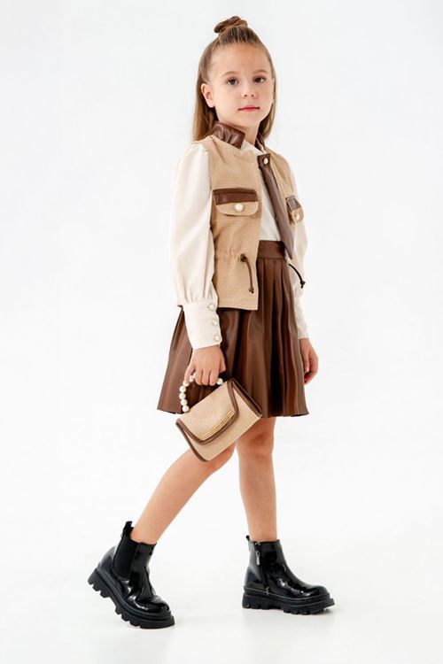 Miniğimin Cicileri İnci Çantalı Deri Etekli Kravat Detaylı Kız Çocuk 4 lü Takım - Krem