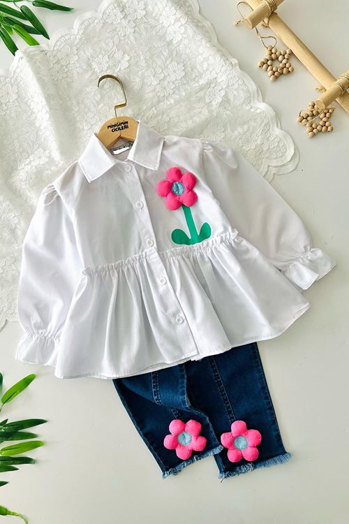 Miniğimin Cicileri Çiçek Desenli Kot Pantolonlu Gömlekli 2 li Takım - Beyaz