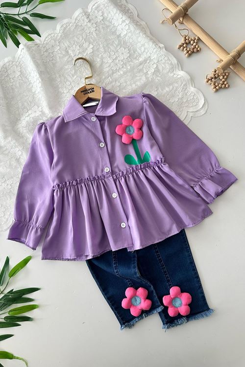 Miniğimin Cicileri Çiçek Desenli Kot Pantolonlu Gömlekli 2 li Takım - Lila