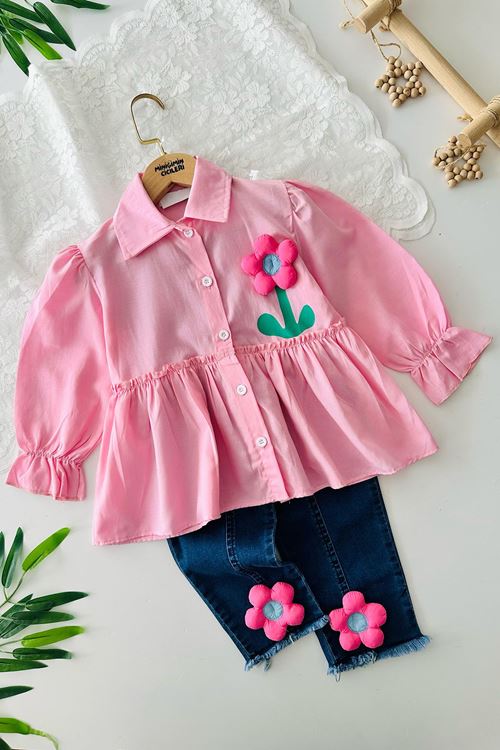 Miniğimin Cicileri Çiçek Desenli Kot Pantolonlu Gömlekli 2 li Takım - Pembe