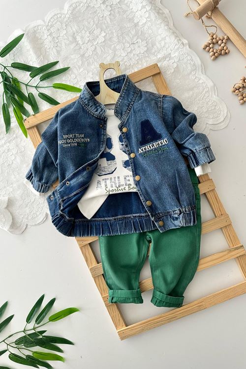 Miniğimin Cicileri Atletic Yumuşak Kot Erkek Bebe 3 lü Takım - Yeşil