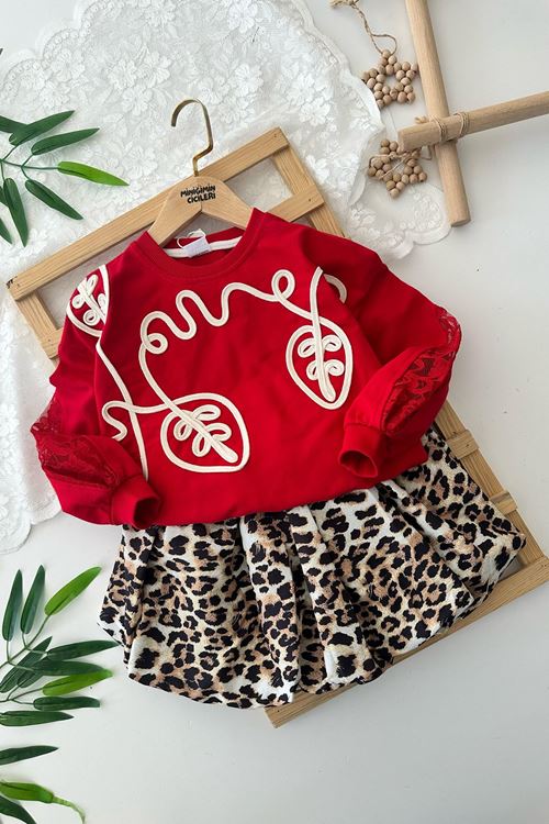 Miniğimin Cicileri Balon Etekli Yaprak İşleme Detaylı Tük kol Detaylı Kız Çocuk 2 li Takım - Kırmızı Leopar