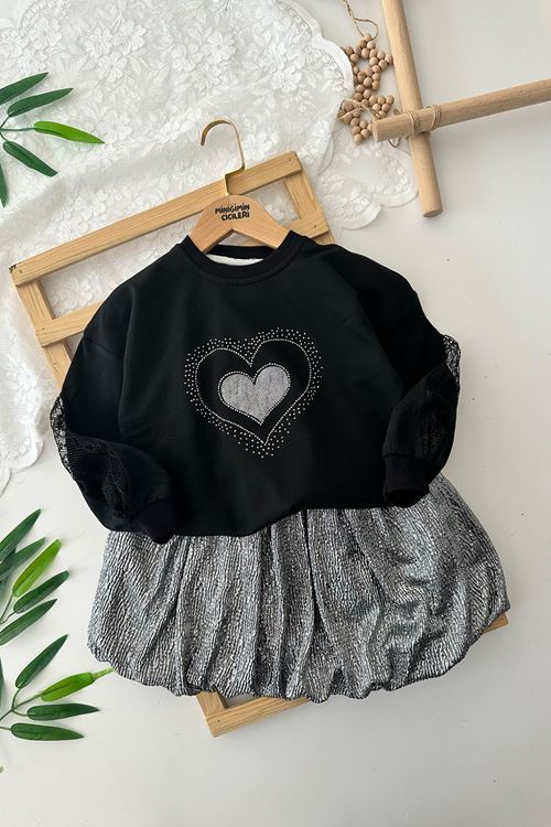 Miniğimin Cicileri Kalp Taş Detaylı Balon Etekli Kız Çocuk 2 li Takım - Siyah