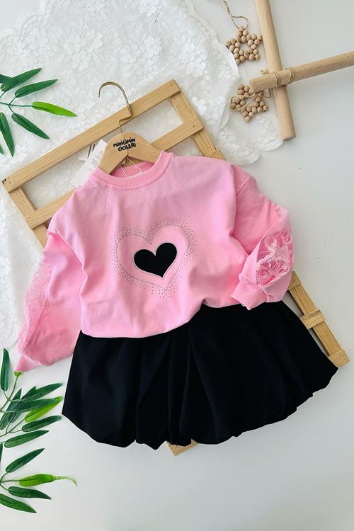 Miniğimin Cicileri Kalp Taş Detaylı Balon Etekli Kız Çocuk 2 li Takım - Pembe