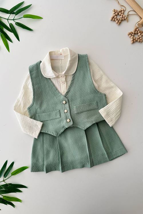 Miniğimin Cicileri Chanel Yelekli Kız Çocuk 3 lü Takım - Mint