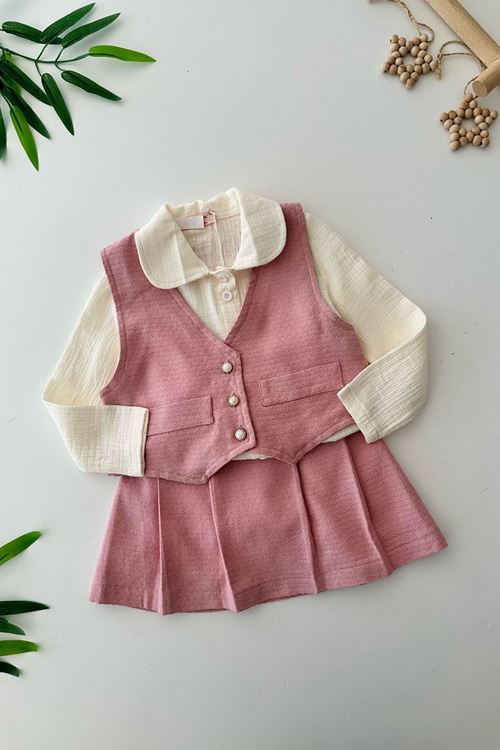 Miniğimin Cicileri Chanel Yelekli Kız Çocuk 3 lü Takım - Pudra