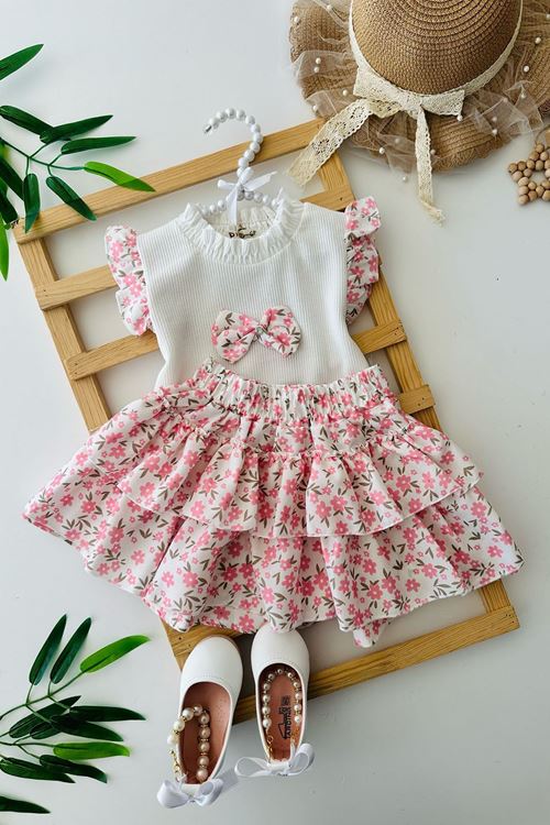 Miniğimin Cicileri KatKat Etekli Çiçek Baskılı Kız Çocuk Fiyonklu 2 Li Takım - Pembe