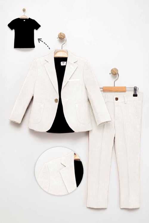 Miniğimin Cicileri Blazer Ceket, Pantolon ve Tişört 3'lü Erkek Çocuk Takım Elbisesi - Krem