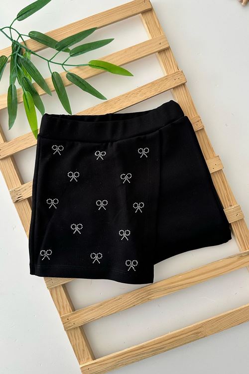 Miniğimin Cicileri Taşlı Fiyonk Detaylı Çelik Kumaş Şort Etek - Siyah