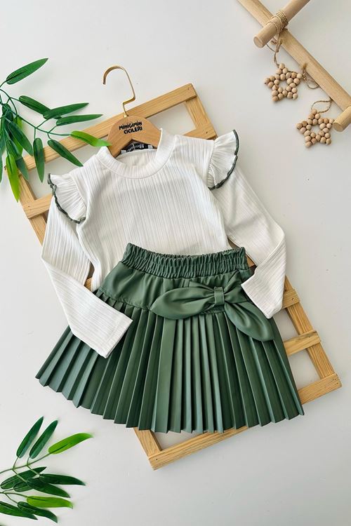 Miniğimin Cicileri Suni Deri Piliseli Etekli Kız Çocuk 2 li Takım - Yeşil