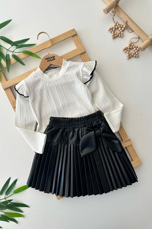 Miniğimin Cicileri Suni Deri Piliseli Etekli Kız Çocuk 2 li Takım - Siyah