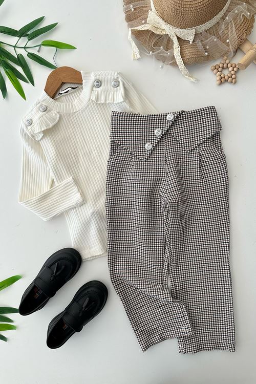 Miniğimin Cicileri Kazayağı Pantolonlu Düğme Detaylı 2 li Takım - Beyaz