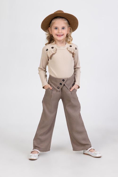 Miniğimin Cicileri Kazayağı Pantolonlu Düğme Detaylı 2 li Takım - Sütlü Kahve