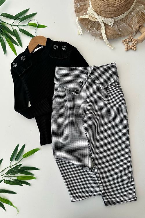 Miniğimin Cicileri Kazayağı Pantolonlu Düğme Detaylı 2 li Takım - Siyah