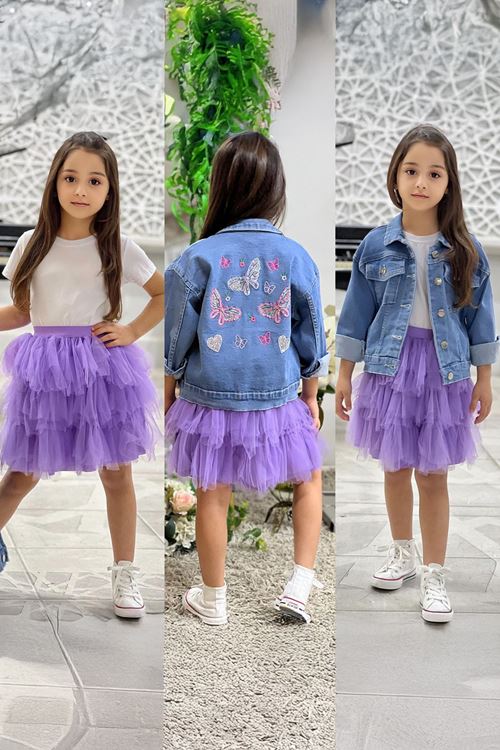 Miniğimin Cicileri Tütü Etekli Kelebek İşlemeli Kız Çocuk Ceketli Takım - Mor