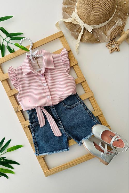 Miniğimin Cicileri Kalp Baskılı Gömlekli Kot Şortlu Kız Çocuk 2 li Takım - Pembe