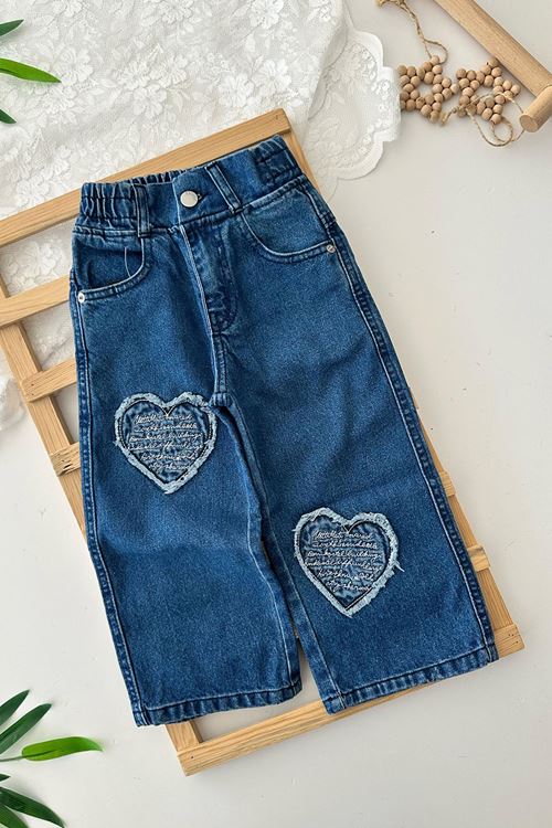 Miniğimin Cicileri Kalp Desenli Kız Çocuk Kot Pantolon - Koyu Mavi