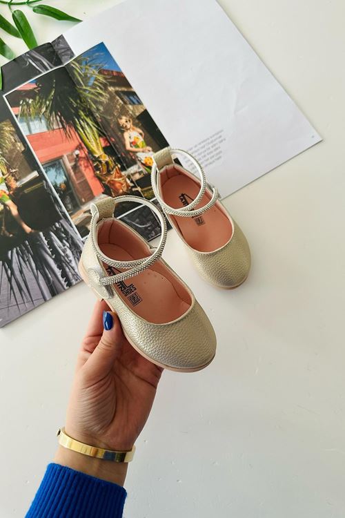 Miniğimin Cicileri Taşlı Kalp Detaylı Cırtlı Kız Çocuk Ortopedik Babet - Altın