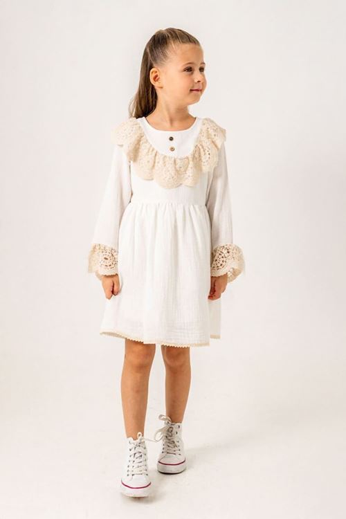 Miniğimin Cicileri Müslin Yaka Dantel Detaylı Kız Çocuk Pamuk Elbise - Beyaz