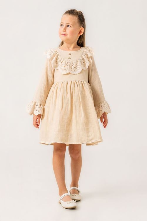 Miniğimin Cicileri Müslin Yaka Dantel Detaylı Kız Çocuk Pamuk Elbise - Krem