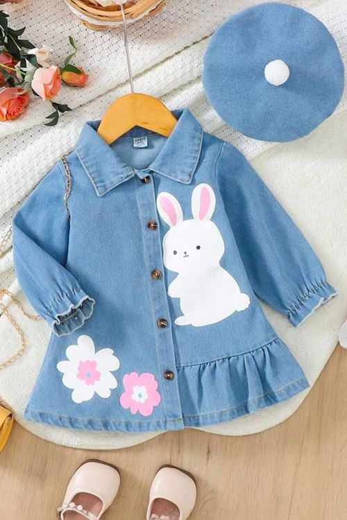 Miniğimin Cicileri Tavşan Baskılı Şapkalı Tensel Kot Kız Çocuk Elbise - Açık Mavi