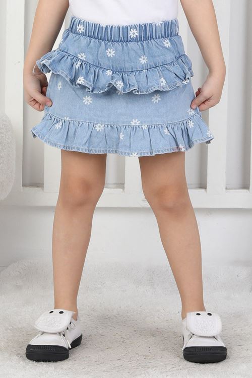 Miniğimin Cicileri Çiçek Baskılı Fırfır Detaylı Kız Çocuk Kot Şortetek - Açık Mavi