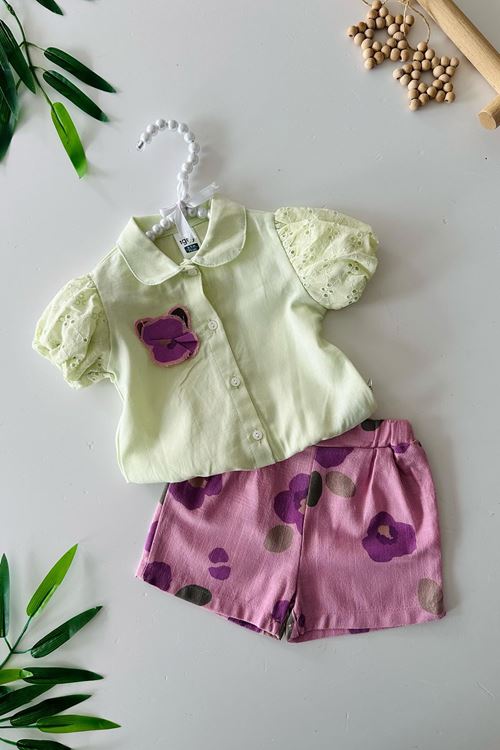 Miniğimin Cicileri Çiçek Desenli Şort ve Dantel Kollu Gömlek Kız Bebek Takımı - Yeşil