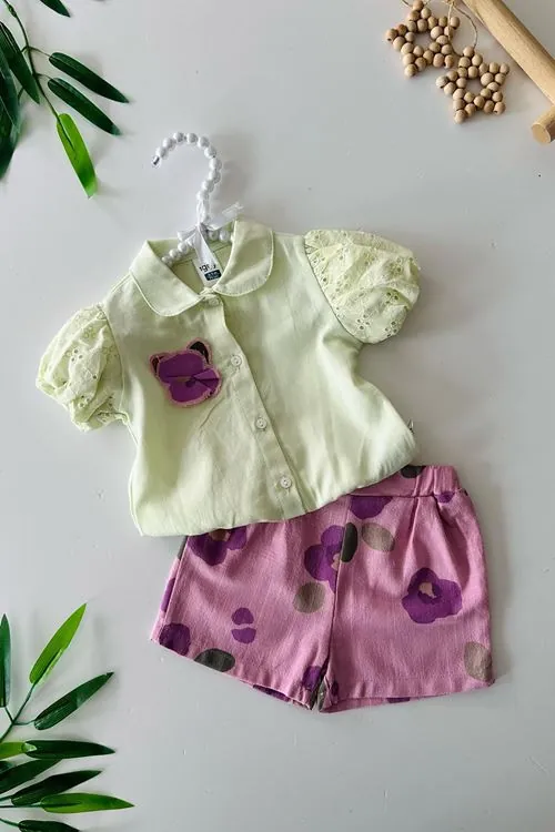Miniğimin Cicileri Çiçek Desenli Şort ve Dantel Kollu Gömlek Kız Bebek Takımı - Yeşil