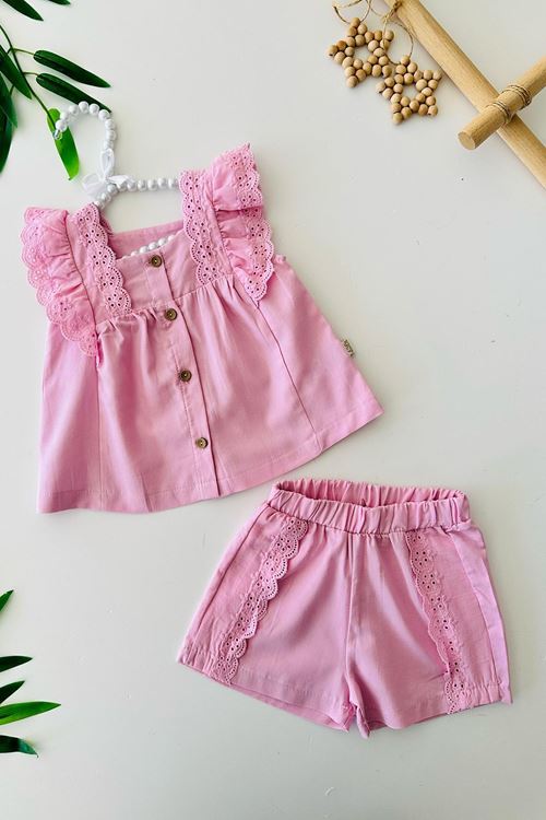 Miniğimin Cicileri Fisto Detaylı Kız Bebe Pamuk Şortlu Askılı Takım - Pembe