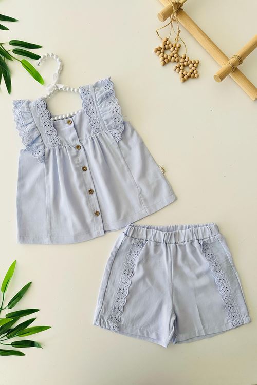 Miniğimin Cicileri Fisto Detaylı Kız Bebe Pamuk Şortlu Askılı Takım - Mavi
