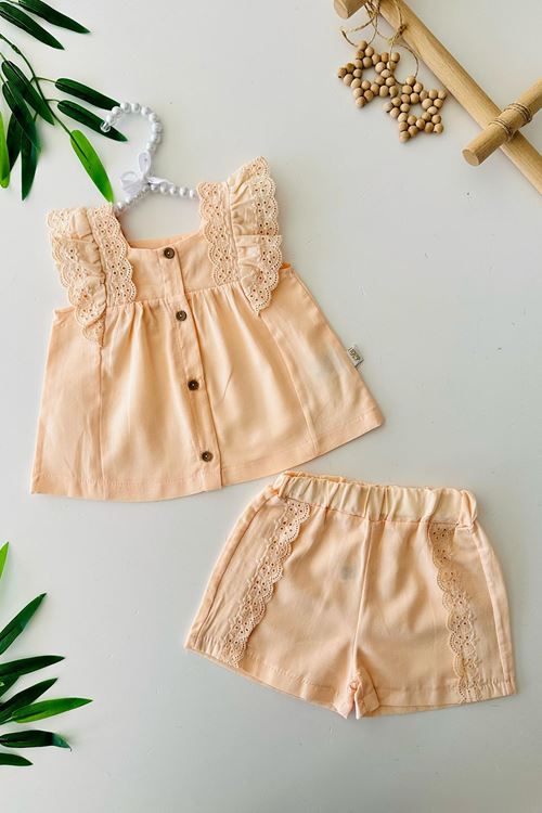 Miniğimin Cicileri Fisto Detaylı Kız Bebe Pamuk Şortlu Askılı Takım - Kavuniçi