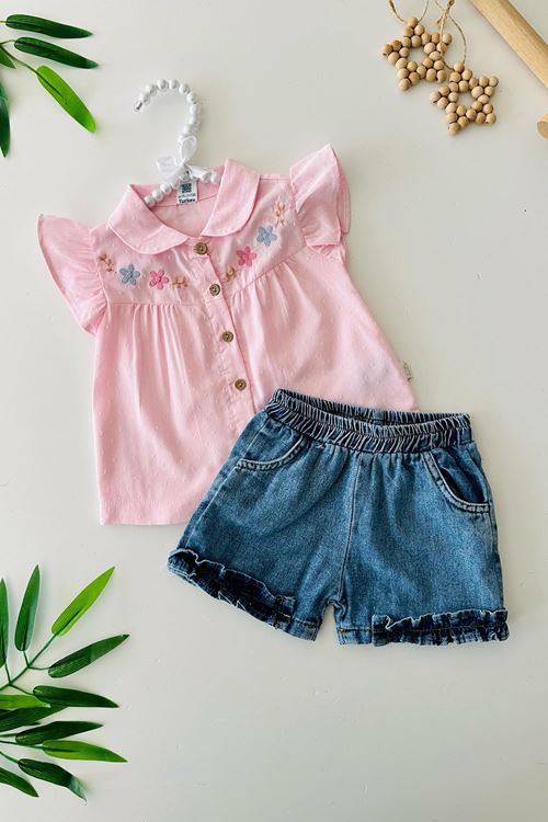 Miniğimin Cicileri Nakış Çiçek Desenli Kot Şortlu Kız Bebe 2 li Takım - Pembe