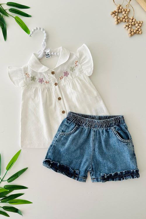 Miniğimin Cicileri Nakış Çiçek Desenli Kot Şortlu Kız Bebe 2 li Takım - Beyaz