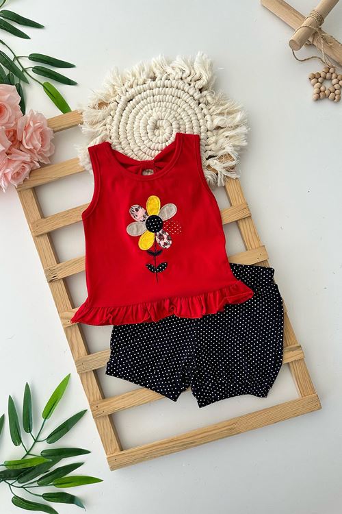 Miniğimin Cicileri Papatya Desenli Puantiye Şortlu Kız Çocuk Askılı Takım - Siyah