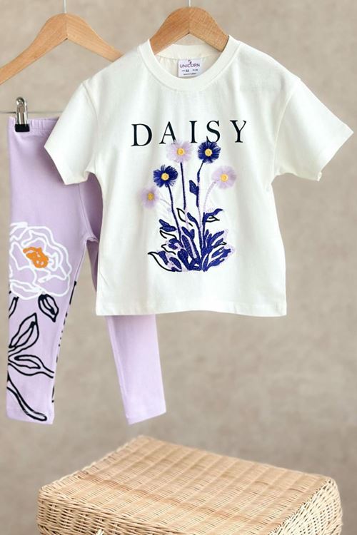 Miniğimin Cicileri Daisy Çiçek İşleme Detaylı Kız Çocuk Taytlı Takım - Lila