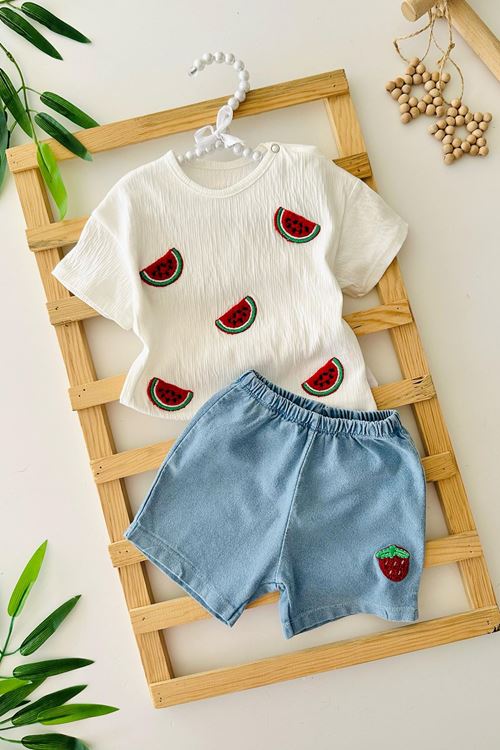 Miniğimin Cicileri Karpuz İşleme Detaylı Kız Bebe 2 li Yazlık Takım - Açık Mavi