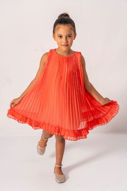 Miniğimin Cicileri Premium PileLi Şifon Kız Çocuk Elbise - Nar Çiçeği