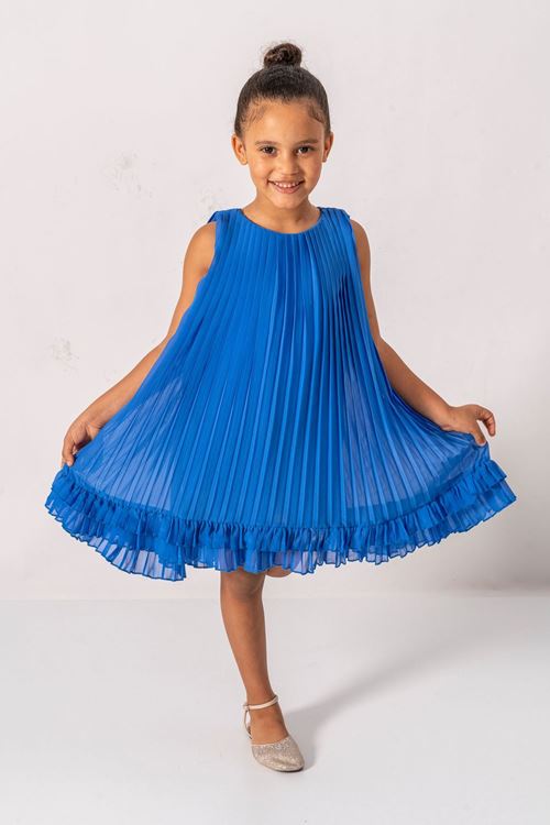 Miniğimin Cicileri Premium PileLi Şifon Kız Çocuk Elbise - Mavi