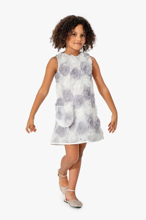 Miniğimin Cicileri Gül Desenli Kız Çocuk Çanta Aksesuarlı Elbise - Gri