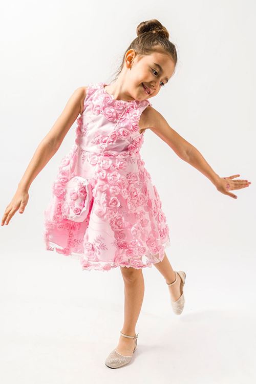 Miniğimin Cicileri Karışık Gül İşlemeli Çantalı Kız Çocuk Elbise - Pembe