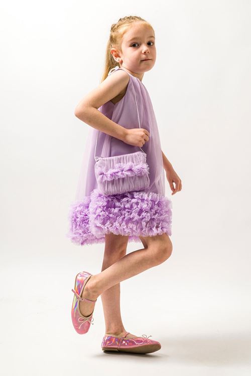 Miniğimin Cicileri Tül Fırfır Detaylı Yaka Büzgülü Çantalı Kız Çocuk Elbise - Lila