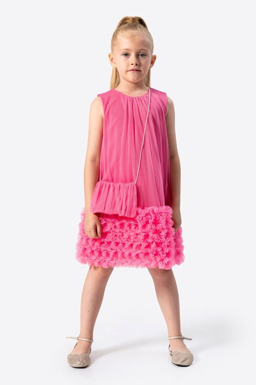 Miniğimin Cicileri Tül Fırfır Detaylı Yaka Büzgülü Çantalı Kız Çocuk Elbise - Fuşya