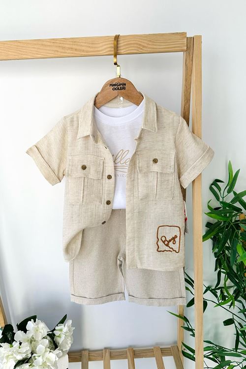 Miniğimin Cicileri Müslin, Nakış Detaylı Erkek Çocuk Şortlu 3 lü Takım - Bej