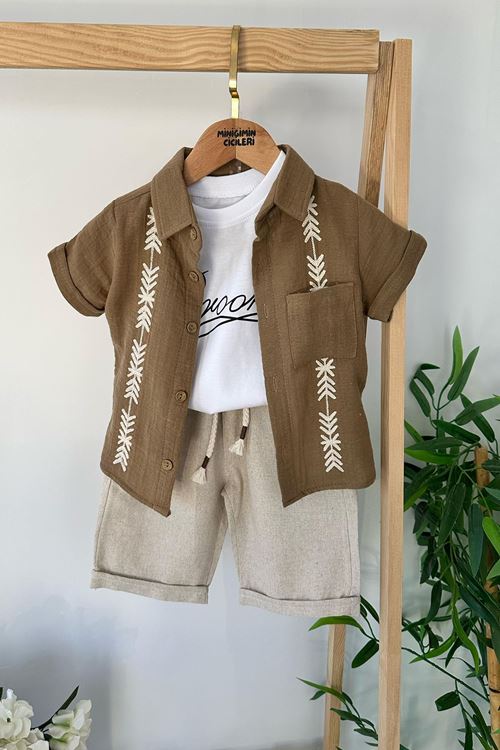 Miniğimin Cicileri Nakış Detaylı Erkek Çocuk 3 lü Keten Şortlu Takım - Kahve