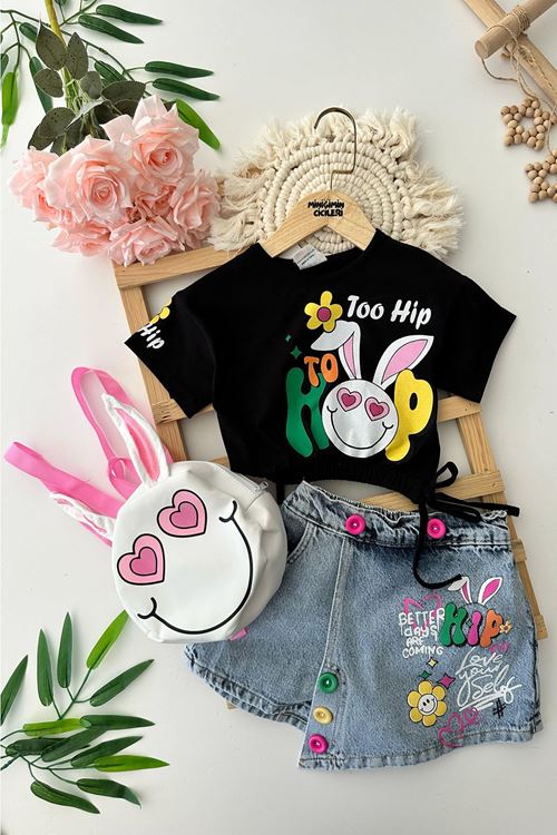 Miniğimin Cicileri Hip Tavşan Baskılı Çantalı Kız Çocuk 3 lü Kot Şortetekli Takım - Siyah