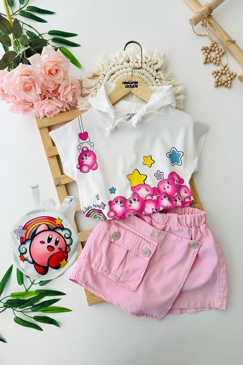 Miniğimin Cicileri Asimetrik Şort Etekli Yıldız Baskı kız Çocuk 3 lü Takım - Beyaz