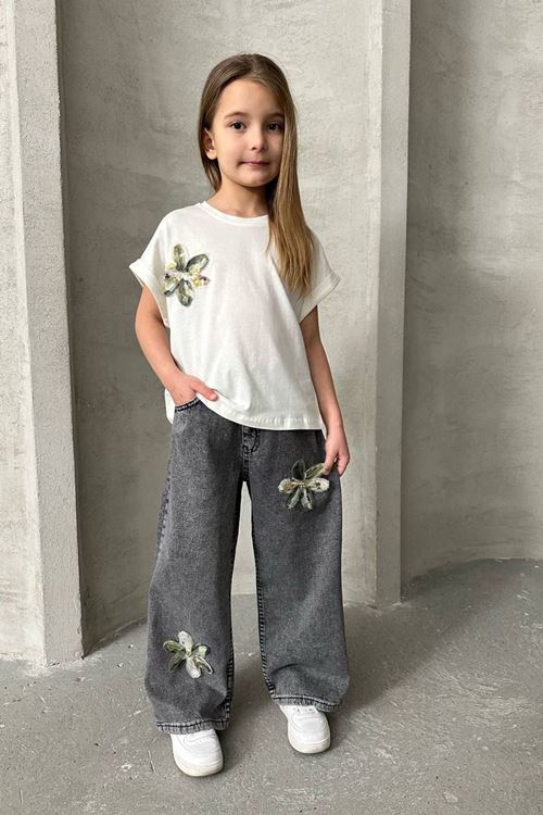 Miniğimin Cicileri Zambak Detaylı Kot Pantolonlu Kız Çocuk 2 li Takım - Antrasit