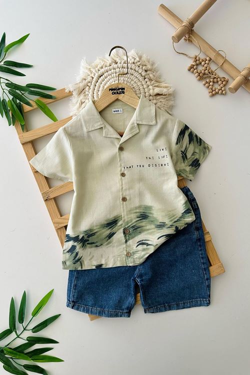 Miniğimin Cicileri Keten Gömlekli Life The Life Erkek Çocuk Kot Şortlu Takım - Yeşil