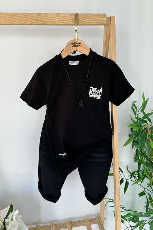 Miniğimin Cicileri Kot Şortlu Kolyeli Erkek Çocuk Arka Baskılı Takım - Siyah